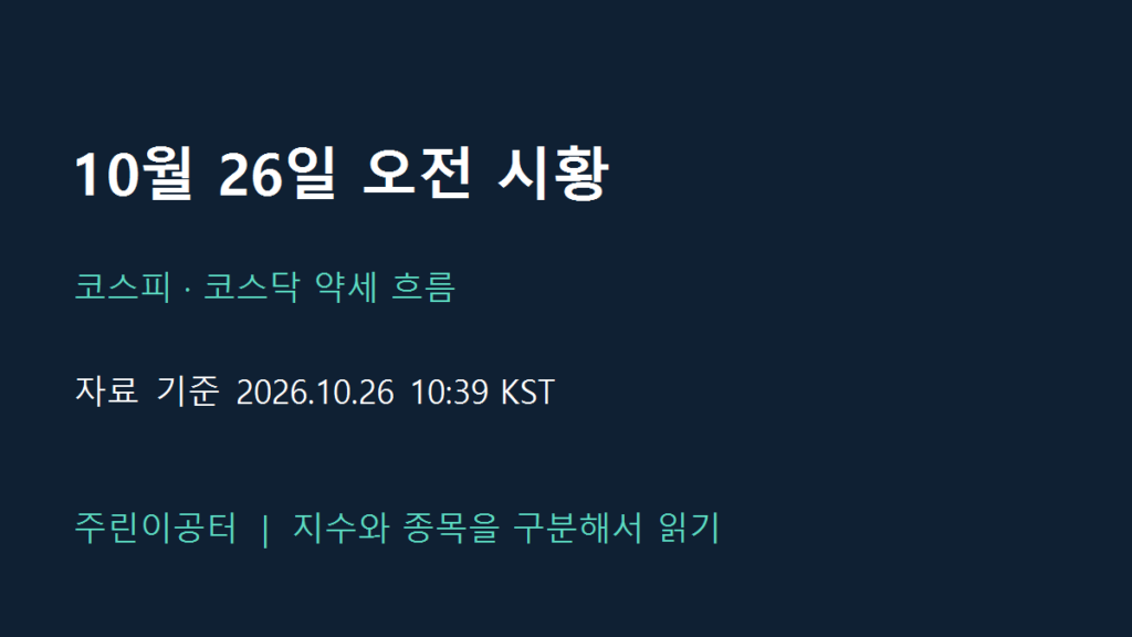 10월 26일 오전 시황: 코스피·코스닥 약세, 10시 39분 기준